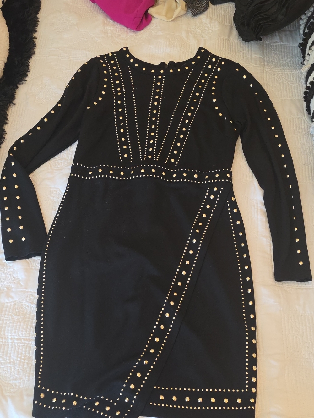 VENUS Black Long-Sleeve Studded Bodycon Dress with Gold Accents